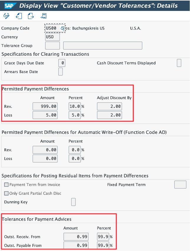 OBA3 Customer/Vendor Tolerance screen