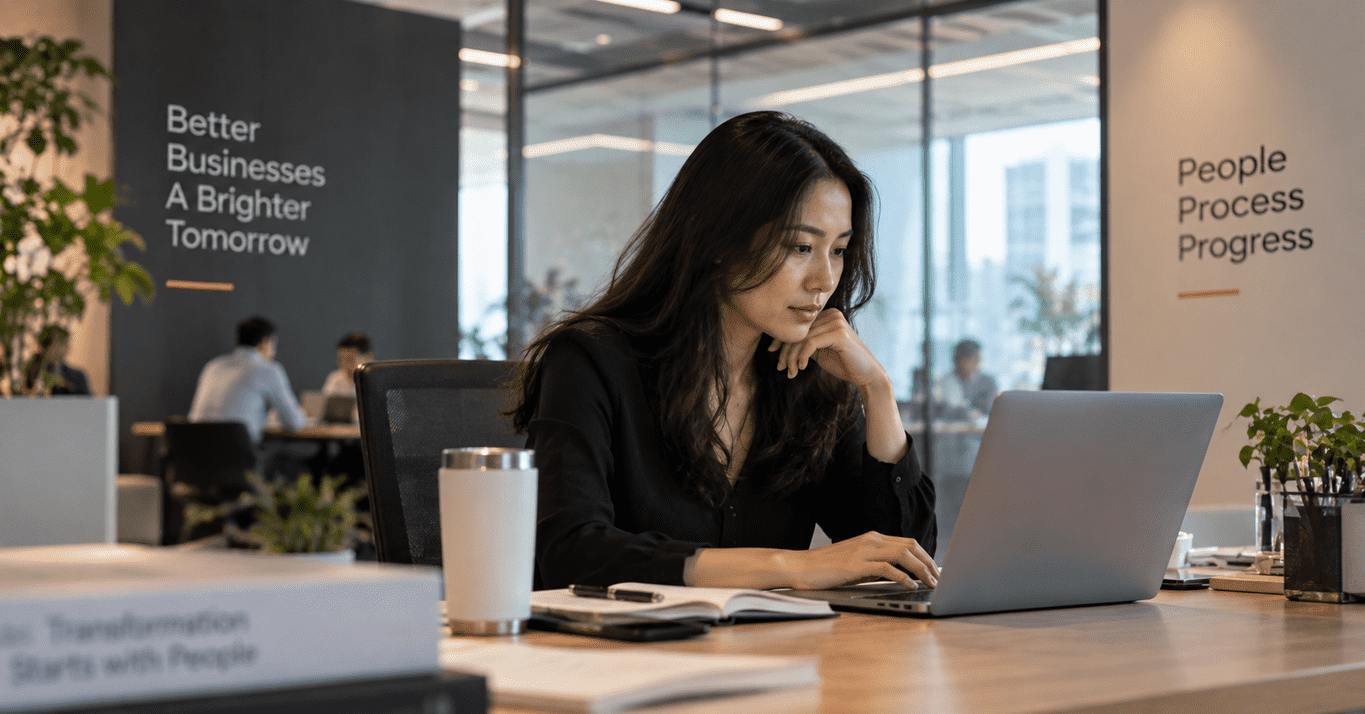 Business professional working on a laptop in a modern office, illustrating SAP Business AI, Joule, AI Foundation and enterprise AI agents.